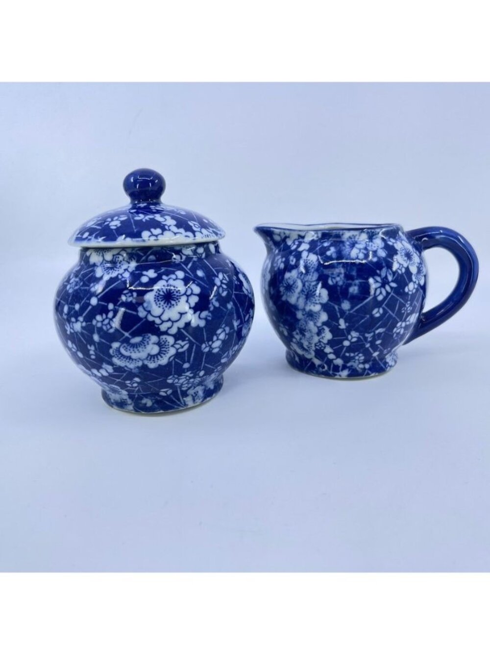 vintage oxford blue & white cherry blossom ceramic creamer & lidded sugar bowl